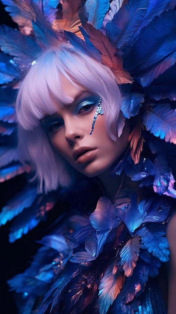 A woman with blue eyes and a purple feathered hair and a blue butterfly on her face