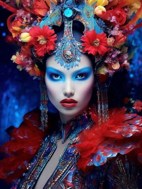 Женщина с голубыми глазами и красным платьем с цветами.
