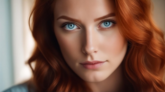 A woman with blue eyes and red hair