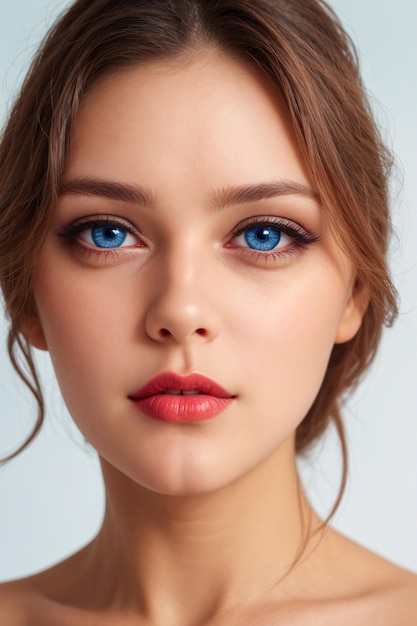 Foto una donna con gli occhi blu e un labbro rosso sta posando per una foto