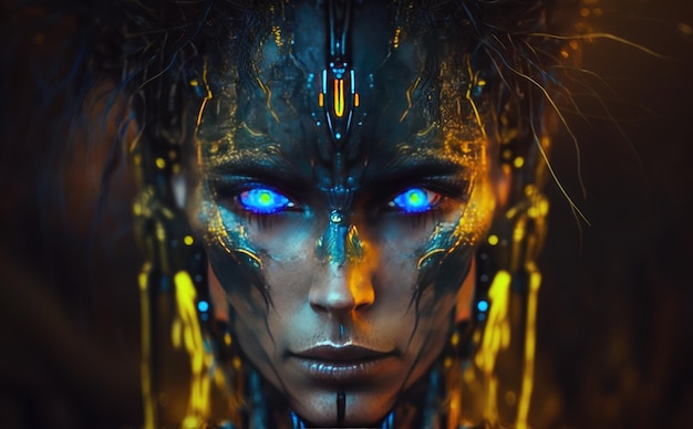 A woman with blue eyes and a robot face