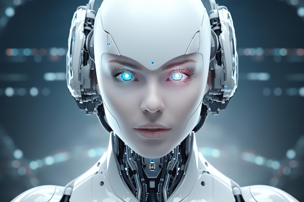 A woman with blue eyes and a robot face