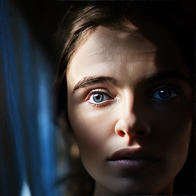 a woman with blue eyes and a shadow of her face.