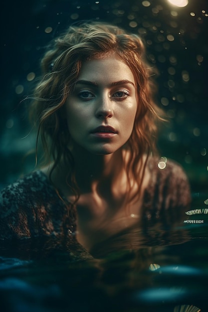 A woman with blue eyes sits in water with a bokeh effect.