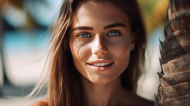 A woman with blue eyes smiles at the camera.