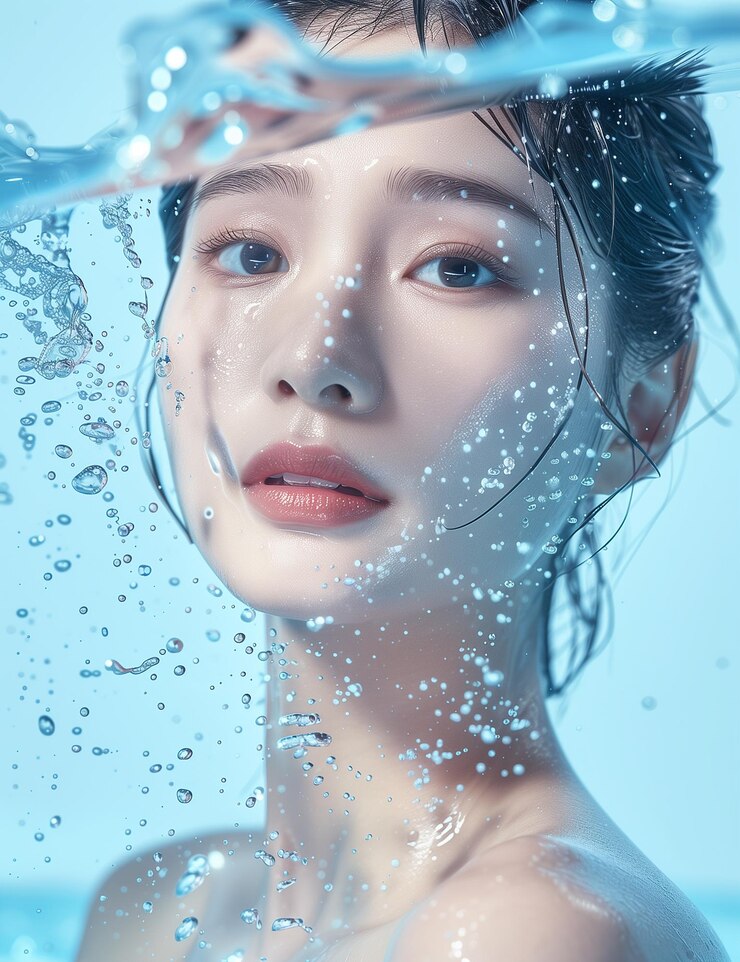 a woman with blue eyes and a splash of water in front of her