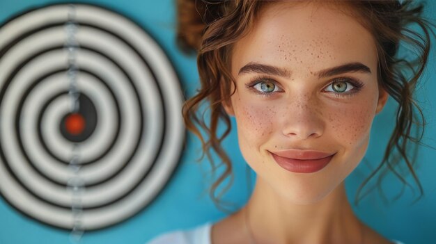 Photo woman with blue eyes standing in front of target