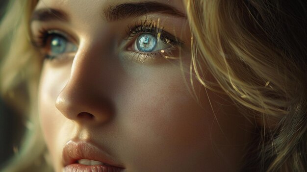 Женщина с голубыми глазами, у которой слово на лице.