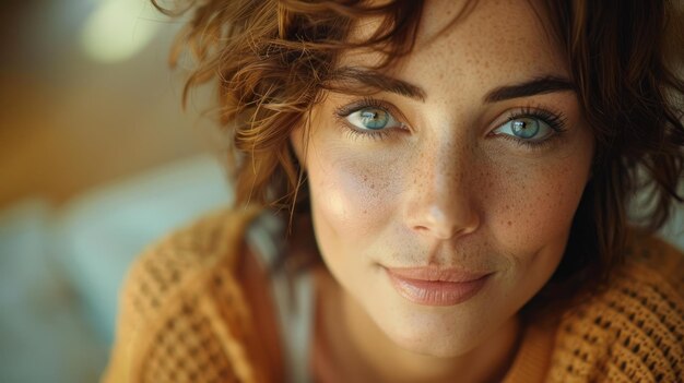Женщина с голубыми глазами в теплых тонах