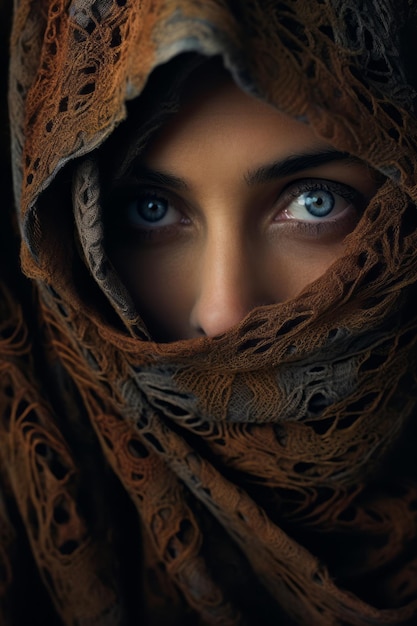 a woman with blue eyes wearing a brown shawl