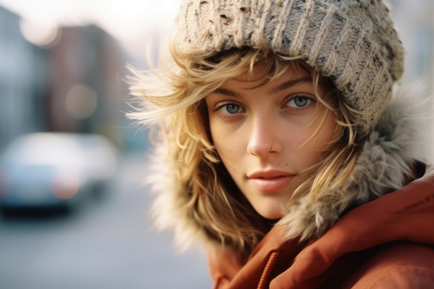 a woman with blue eyes wearing a winter hat