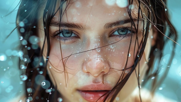 a woman with blue eyes and a wet hair