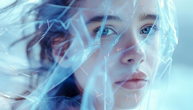 Photo a woman with blue eyes and a white background with a blue background
