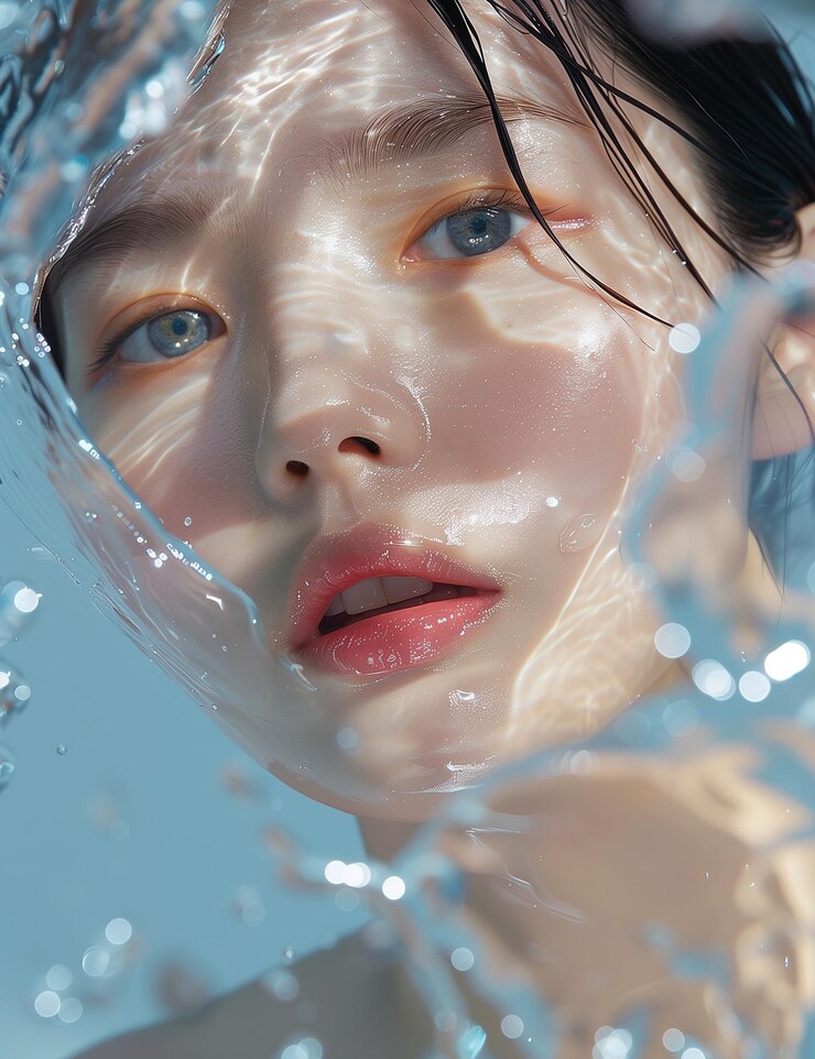 a woman with blue eyes and a white face with water splashing around her