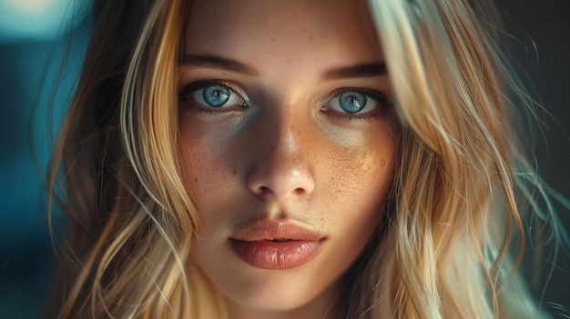 a woman with blue eyes and a white freckles on her face