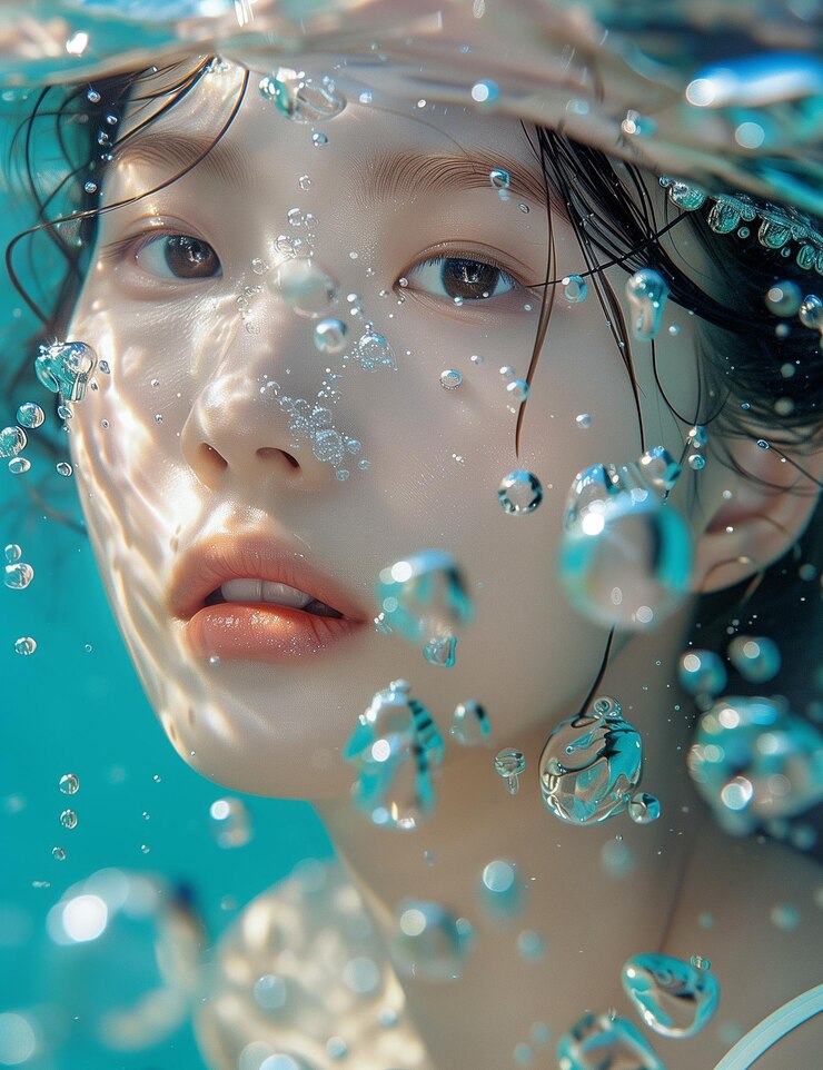 a woman with blue eyes and a white hair under water