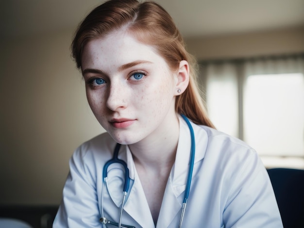 A woman with blue eyes and a white jacket