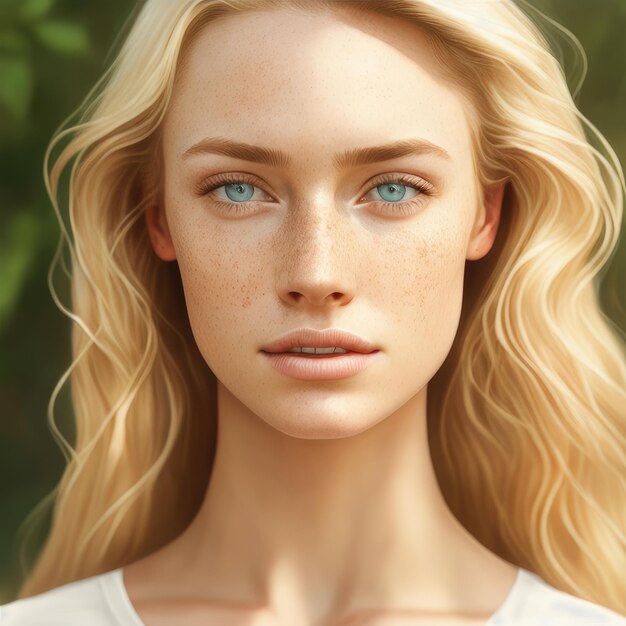 A woman with blue eyes and a white shirt with freckles