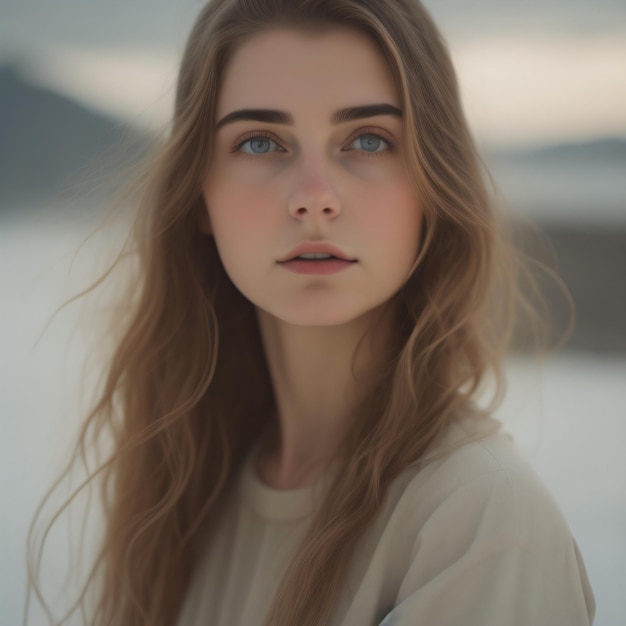 A woman with blue eyes and a white shirt with a mountain in the background.