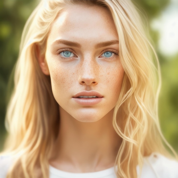 A woman with blue eyes and a white shirt