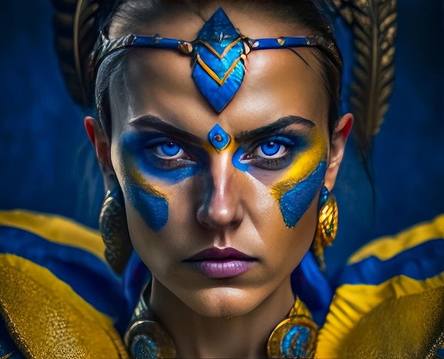 A woman with blue eyes and a yellow and blue face paint