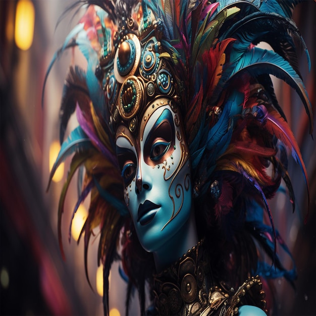 a woman with a blue face and a blue mask with feathers on her head