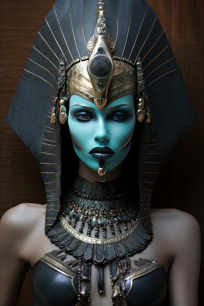 青い顔の女性とその上に女神という言葉が書かれた青いマスク