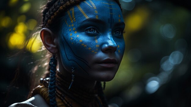 A woman with blue face paint and a blue face with the word avatar on the front