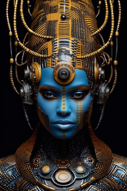 A woman with blue face paint and a face with a face made of gears.