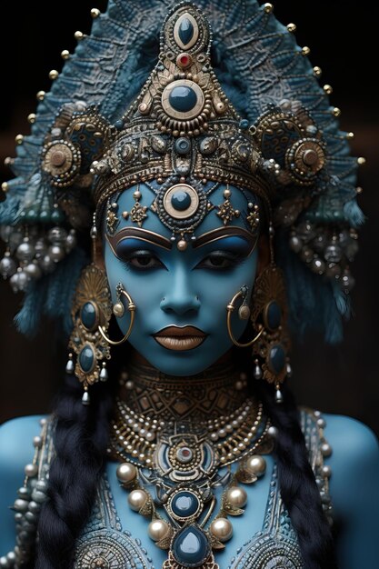 a woman with blue face paint and gold jewelry