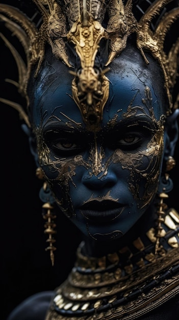 A woman with blue face paint and gold jewelry