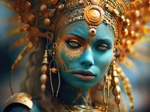 a woman with blue face paint and gold jewelry