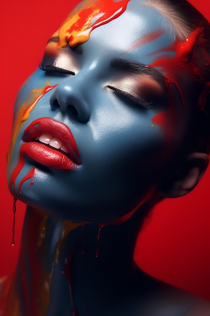 a woman with blue face paint and red lips