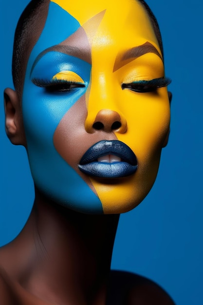 A woman with a blue face paint that says missoni.