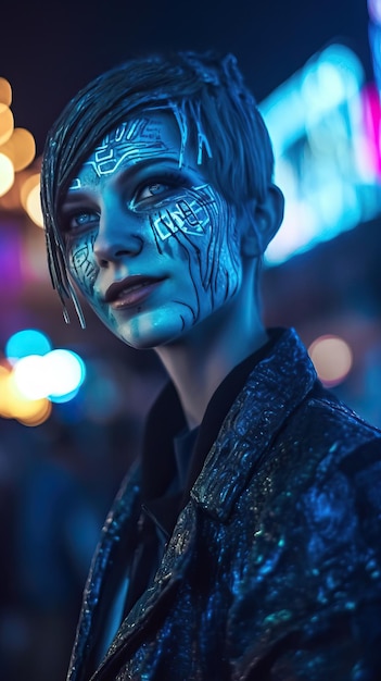 A woman with blue face paint