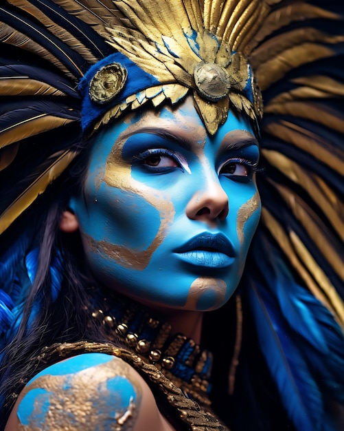 A woman with a blue face painted with gold feathers and a feather on her head.