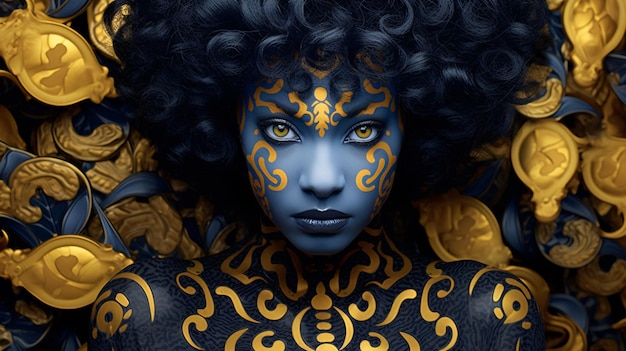 A woman with a blue face painted with gold paint and a gold pattern.