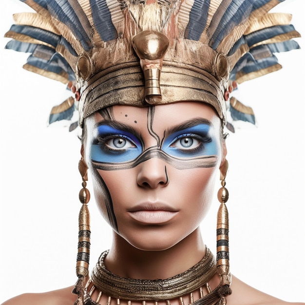 a woman with a blue and gold hat and a feathered headdress with a blue eyeliner on her head.