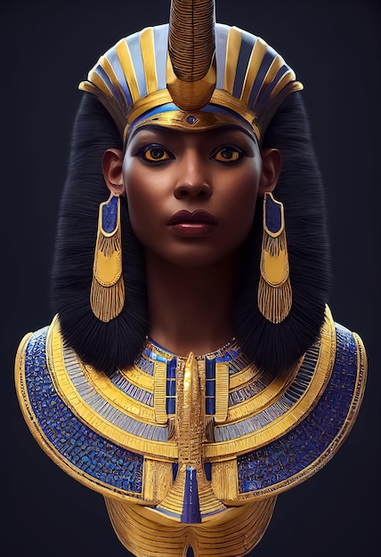 A woman with a blue and gold headdress and a blue and gold headdress.