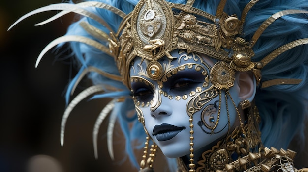 Foto una donna con il trucco blu e oro sul viso