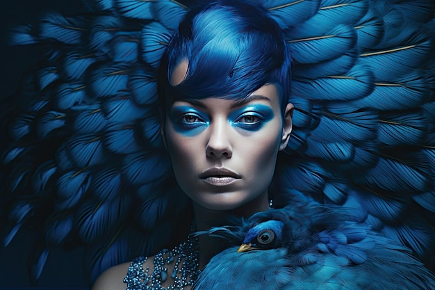 Женщина с голубыми волосами и птицей впереди