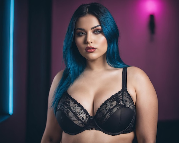 A woman with blue hair and black lingerie