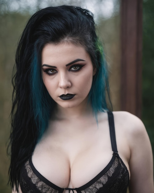 A woman with blue hair and black lipstick