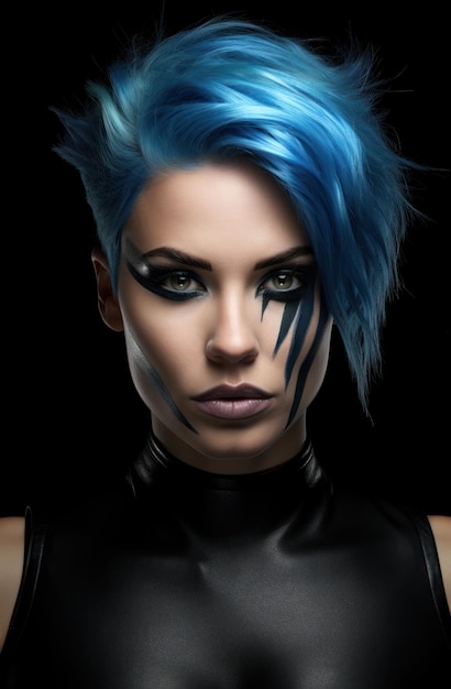 A woman with blue hair and black makeup