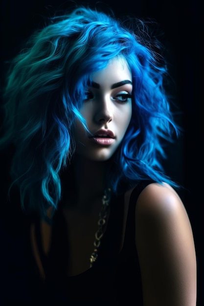 A woman with blue hair and a black top