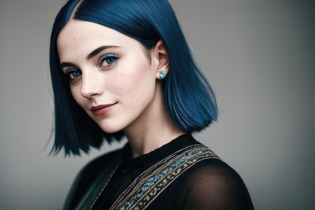 A woman with blue hair and a black top