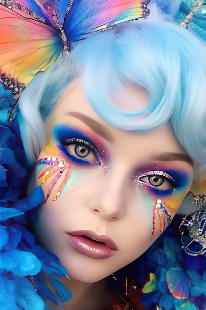 A woman with blue hair and blue eyes with feathers and a rainbow face.