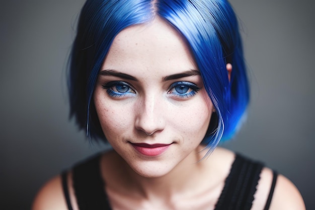 A woman with blue hair and blue eyes