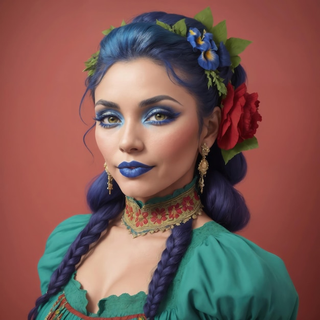 A woman with blue hair and blue makeup with flowers on her head Latin traditional dress