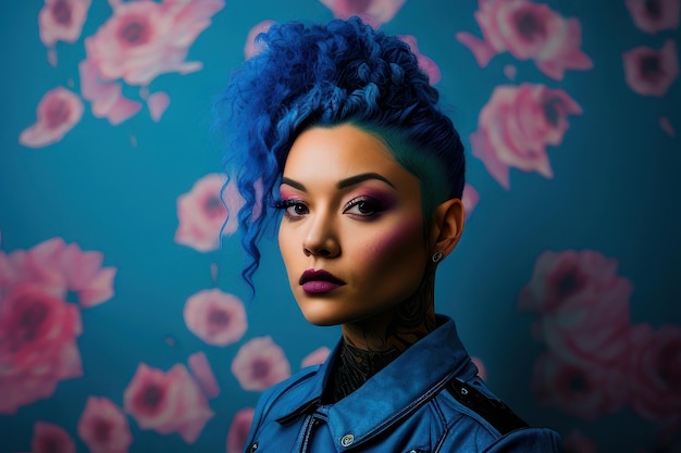 A woman with blue hair and a blue shirt with the word tattoo on it